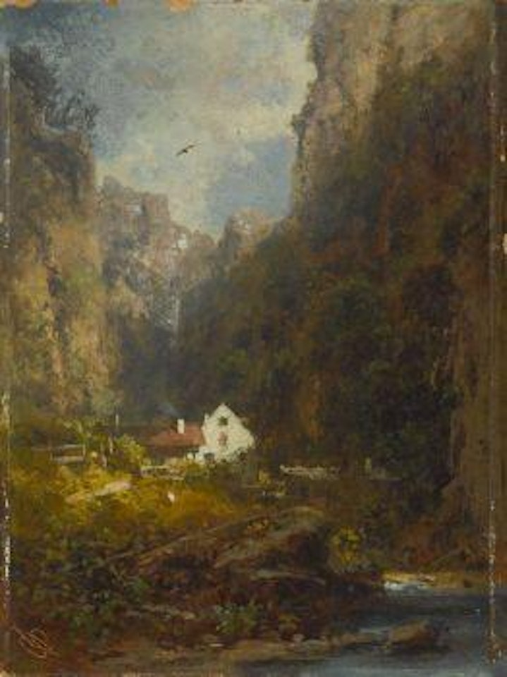 Gebirgsschlucht mit Bauernhaus am Bach by Carl Spitzweg