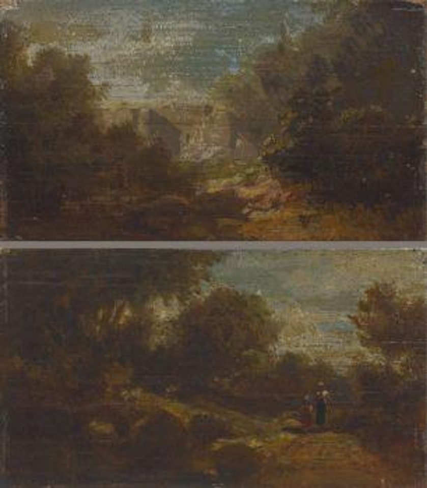Kleine Landschaft mit Festung. Landschaft mit Spaziergängern by Carl Spitzweg