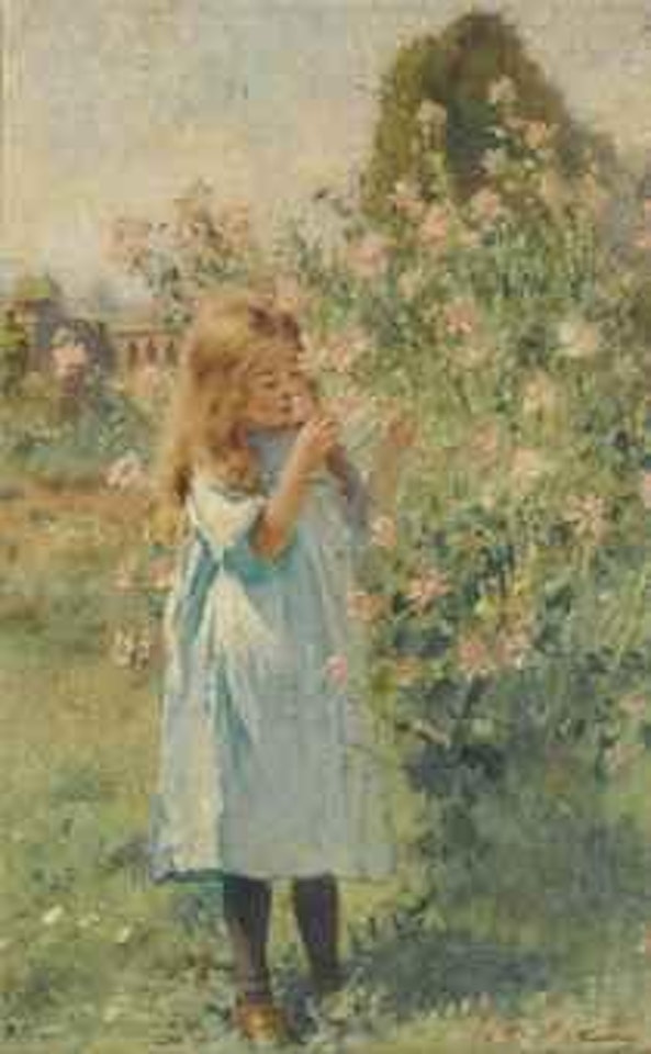 A little girl smelling mallow and yarrow by Konstantin Makovsky