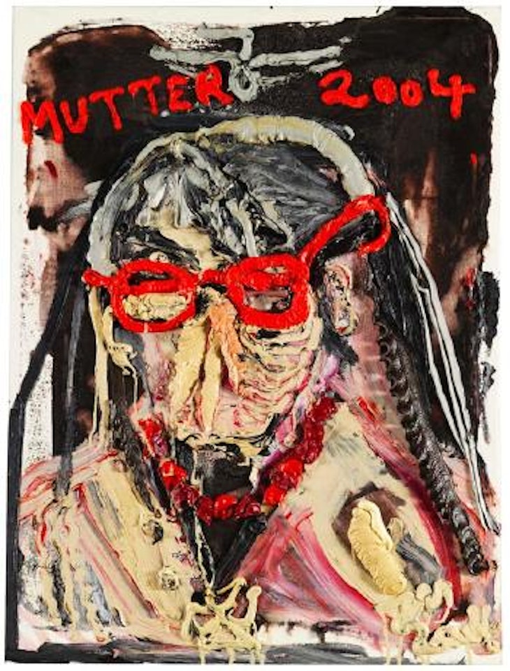 Mutter (gestürzt) mit roter Brille und rötlicher Perlenkette by Jonathan Meese