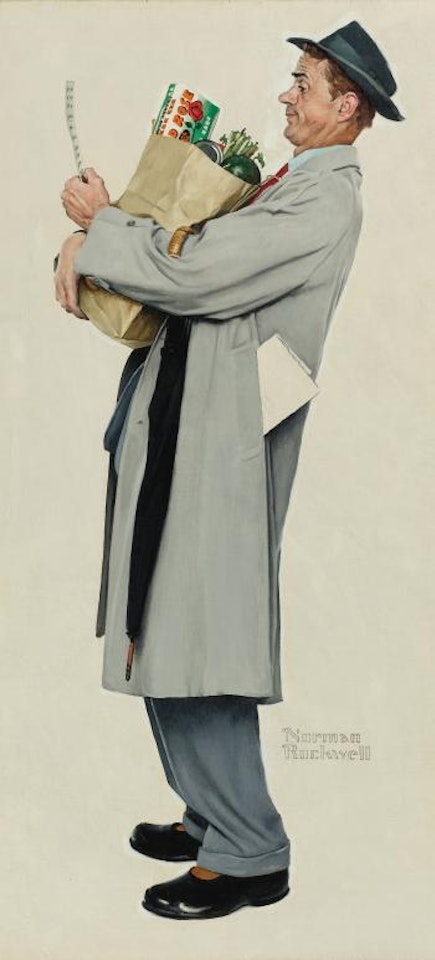 Young Husband Checking Grocery List by Norman Rockwell