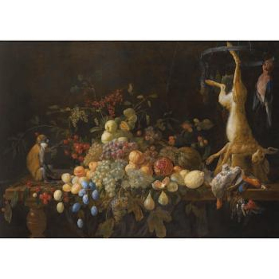 A Still Life With Grapes, Figs, Apples, Oranges, Apricots, Lemons, a Melon, Loganberries, An Open Pomegranate And Cherries Together With a Monkey, a Hare, a Partridge.. by Adriaen van Utrecht