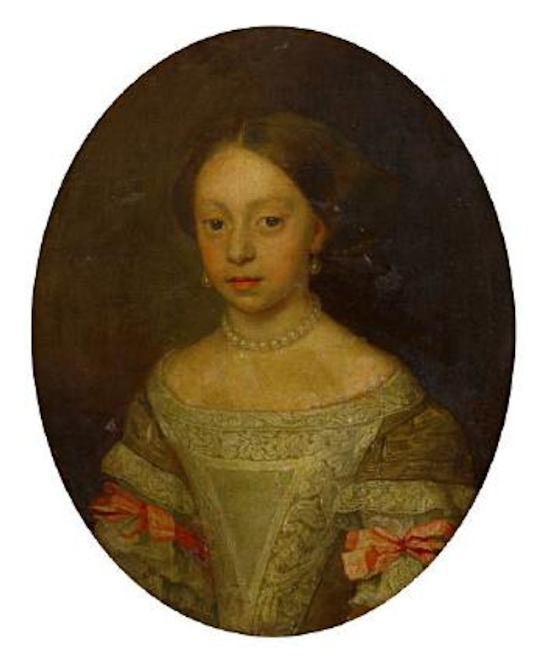 Portrait of a young lady, half-length,  in a green dress with pink bows, and a pearl necklace and earrings by Pier Francesco Cittadini