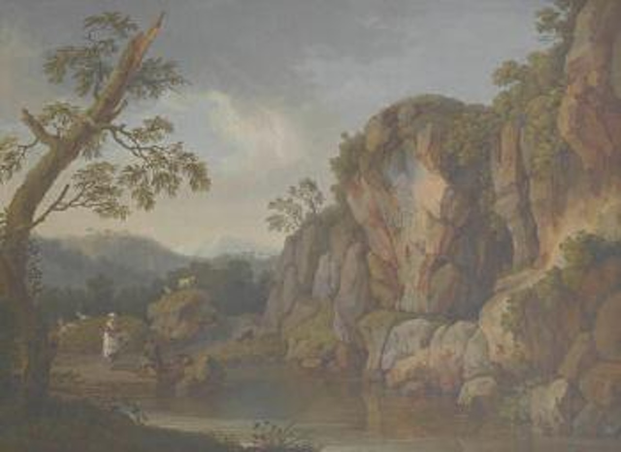 Peasants grazing their cattle beside a lake, in a campagna landscape by Jacob Philipp Hackert