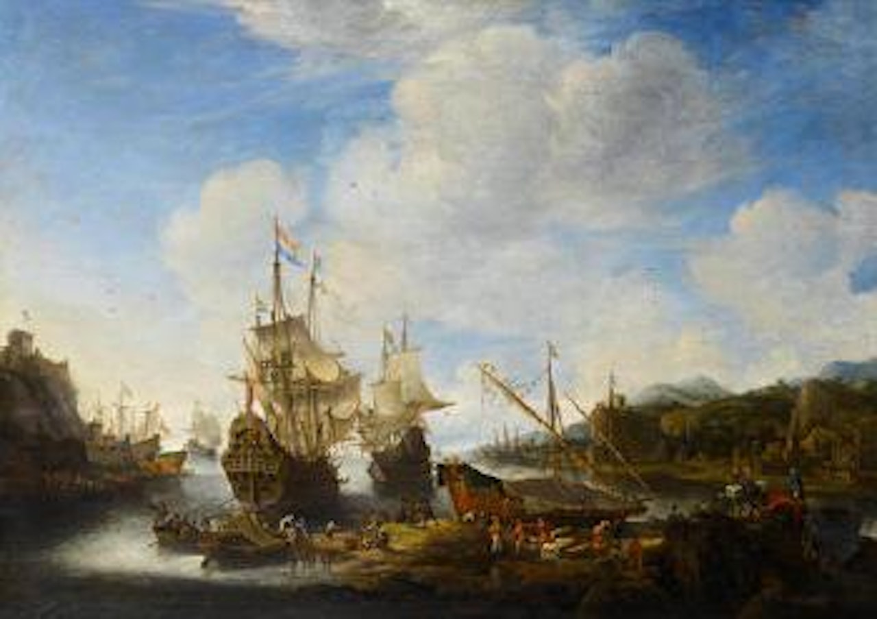 A capriccio view of a port with vessels and stevedores unloading cargo by Jan Abrahamsz. Beerstraten