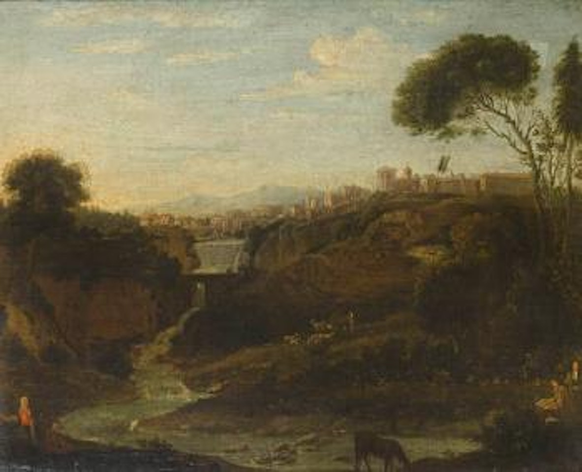 A view of Tivoli with an artist sketching in the foreground by Gaspar van Wittel