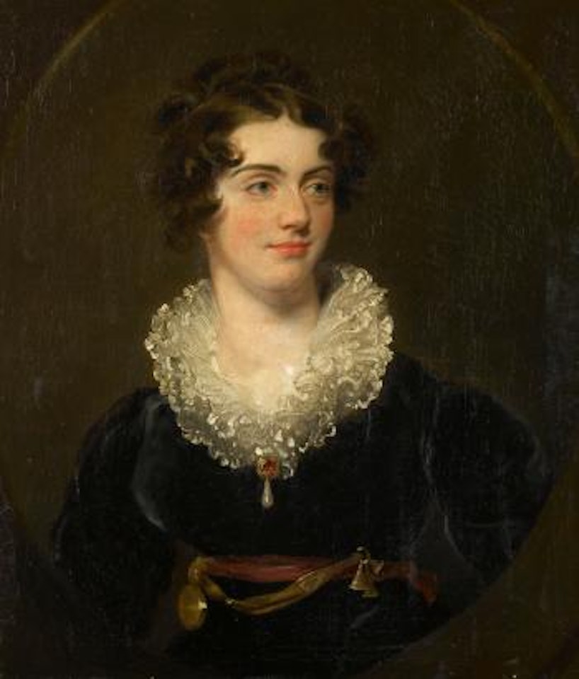 Portrait of Maria Woodgate, bust-length, in a black dress with a white lace collar, within a painted oval by Sir Thomas Lawrence