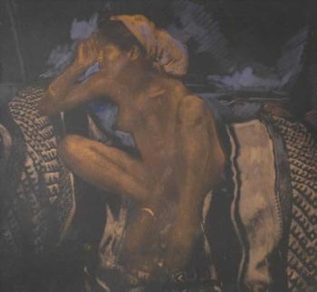 Jeune femme assise sur une couverture by Jacques Majorelle