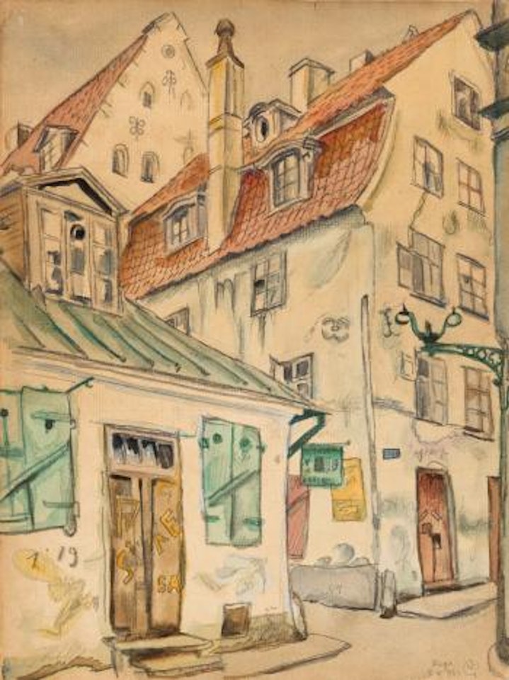 A street scene from Riga by Mstislav Valerianovich Dobuzhinsky