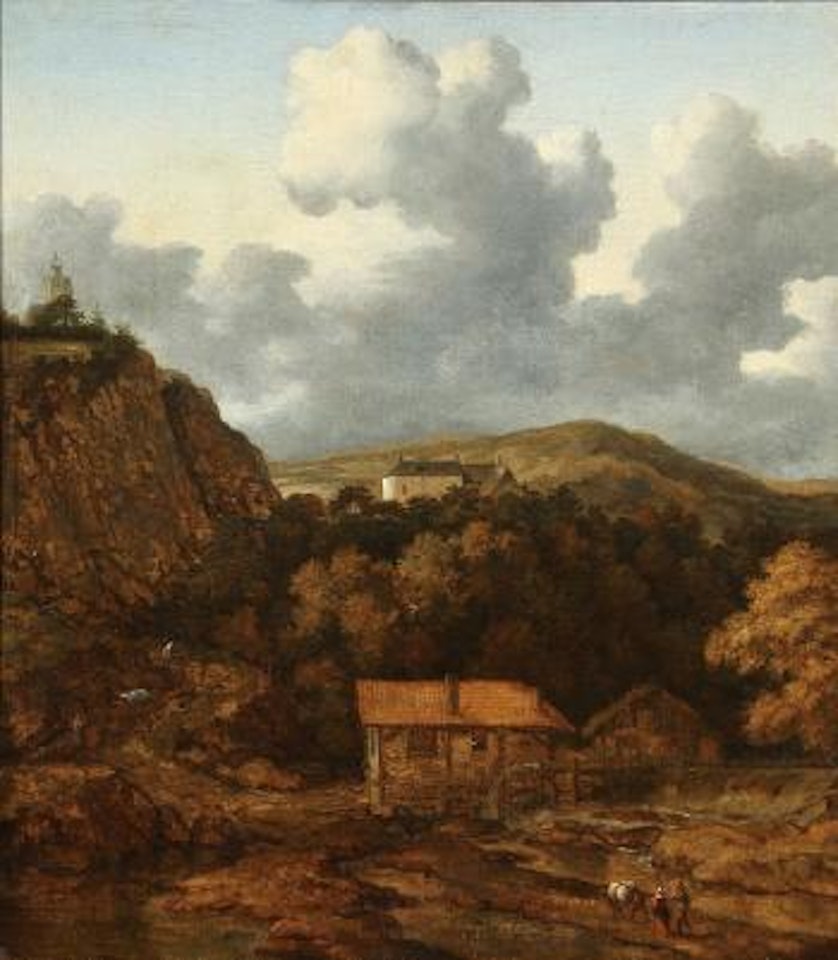 Travelers in an expansive landscape with mill by Allart van Everdingen