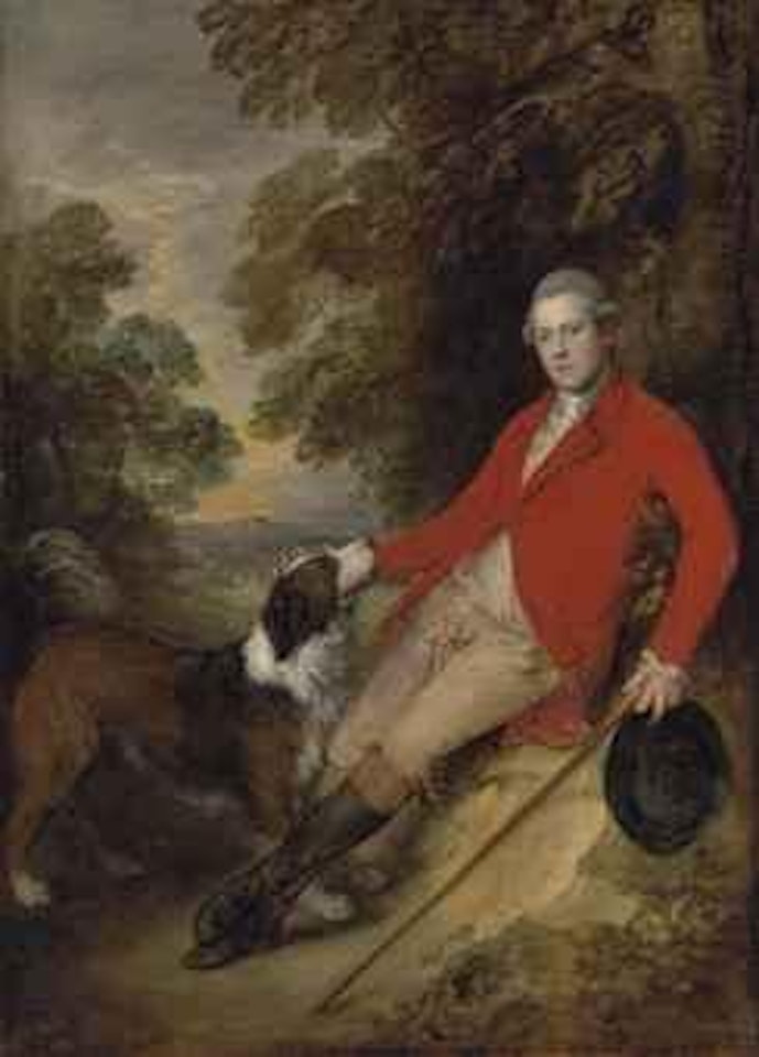 Portrait of Philip Stanhope, 5th Earl of Chesterfield (1755-1815), full-length, in a scarlet coat and buff breeches, holding a black hat and stick in his left hand, with his dog in a landscape by Thomas Gainsborough