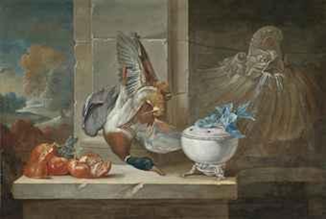 Dead game and pomegranates on a ledge beside a fountain by Jean-Baptiste Oudry
