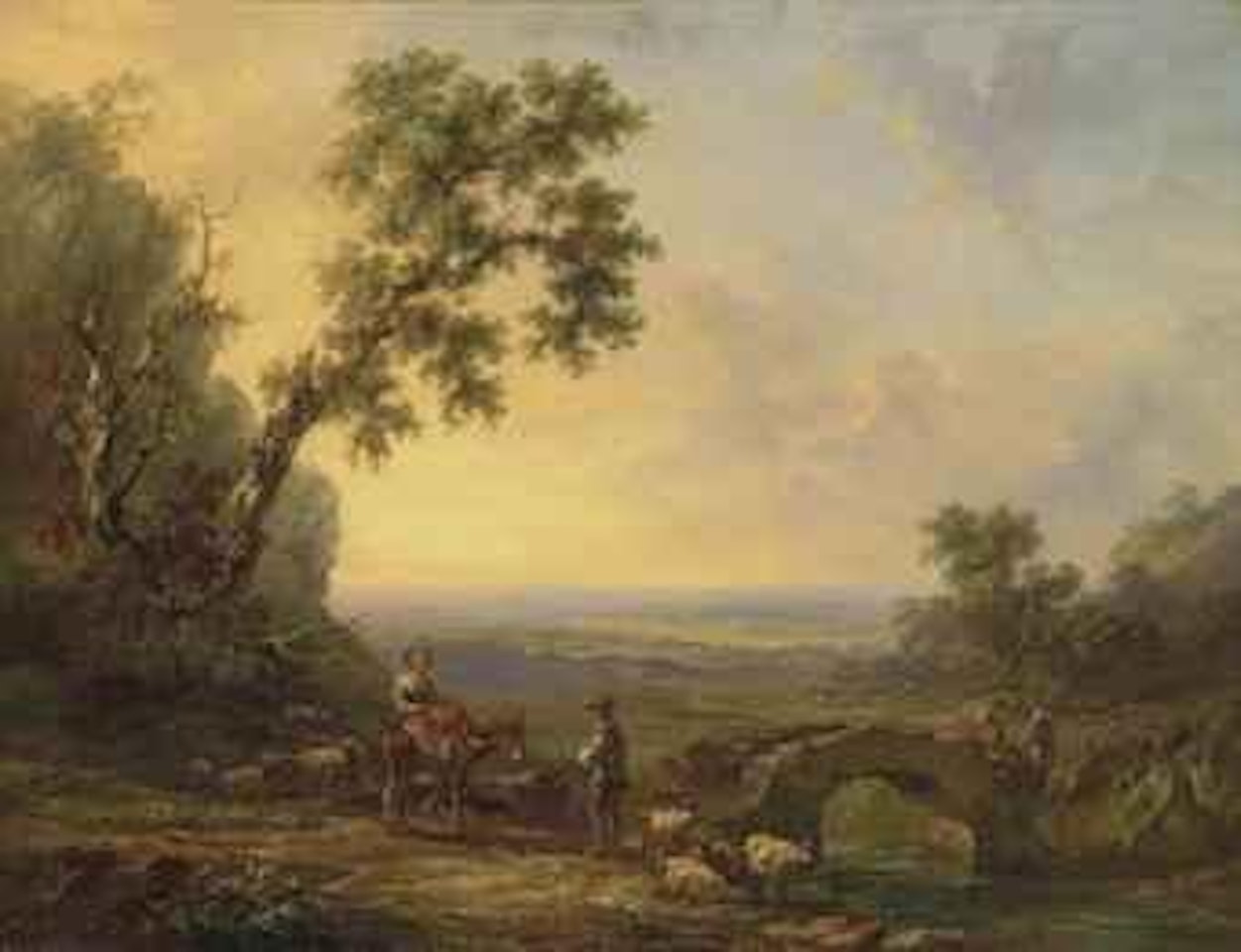 An extensive wooded river landscape with sheep and peasants by a stone bridge by English School
