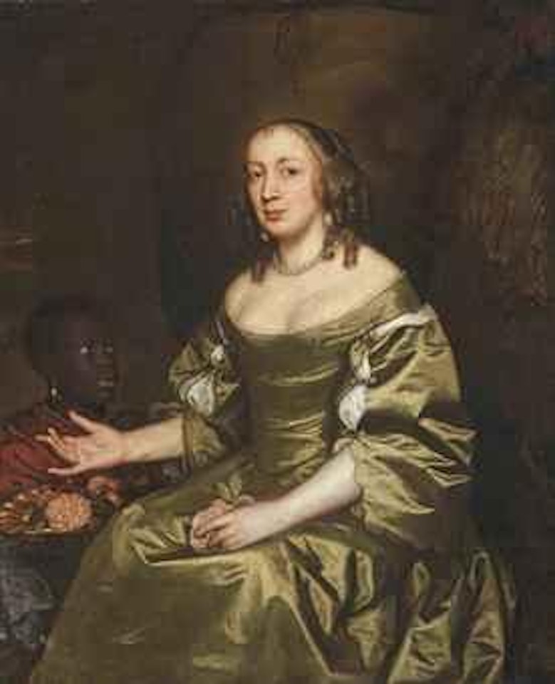 Portrait of Mrs. St. George, three-quarter-length, seated in a green dress, a boy offering her flowers, a wooded landscape beyond by John Hayls