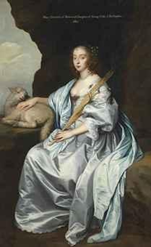 Portrait of Lady Mary Villiers (1622-1685), Lady Herbert and later Duchess of Lennox and Richmond, full-length, seated in a landscape as Saint Agnes, in a silk dress, her right arm resting on a lamb and a palm branch in her left hand by Anthony van Dyck