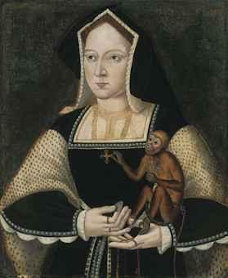 Portrait of Katherine of Aragon (1485-1536), Queen of England, half-length, in a black and white dress with a pendant cross, holding a marmoset and a coin by English School