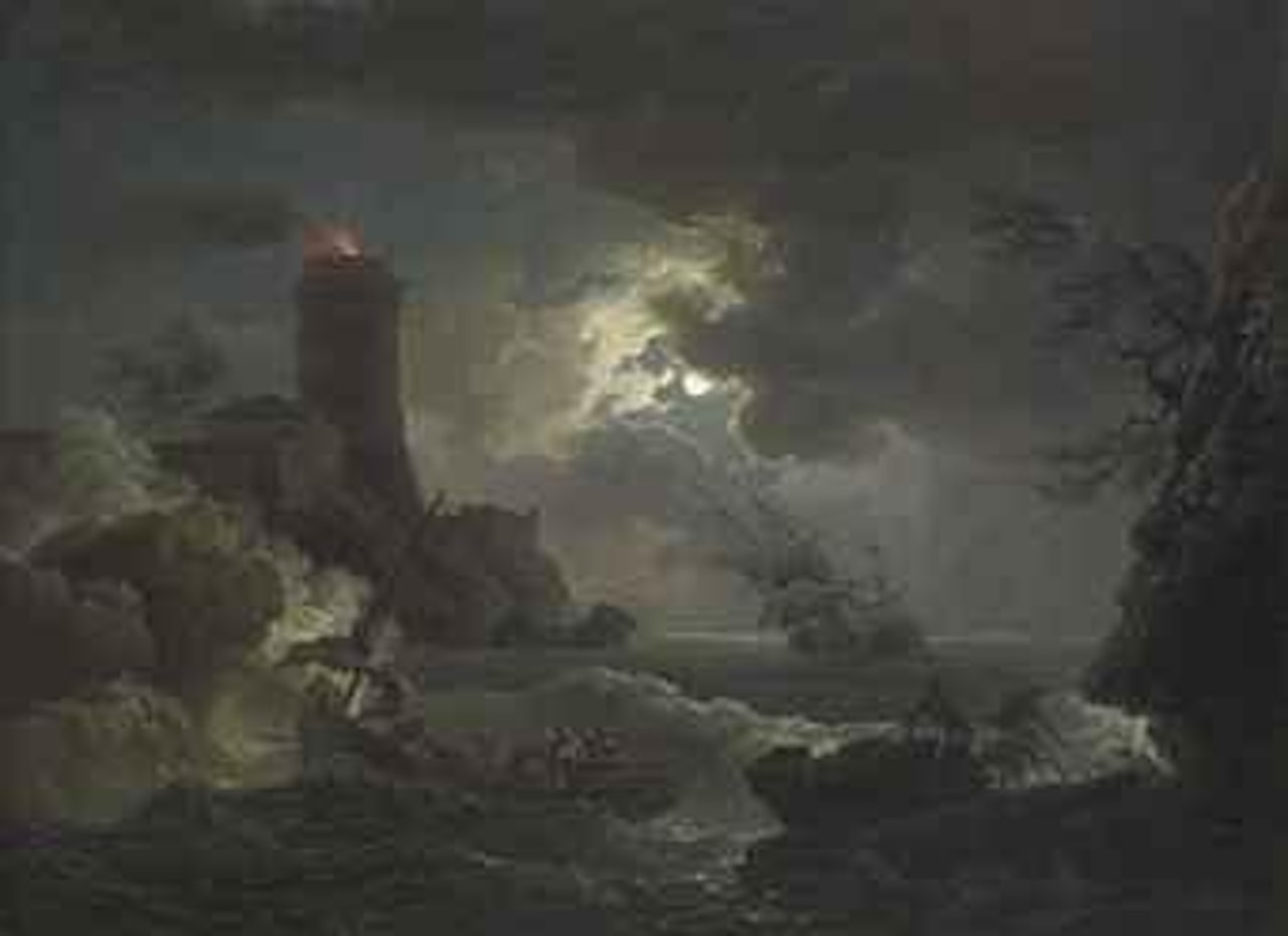 Shipwrecked figures and fishermen bringing in their nets in a storm, a lighthouse beyond by Claude Joseph Vernet