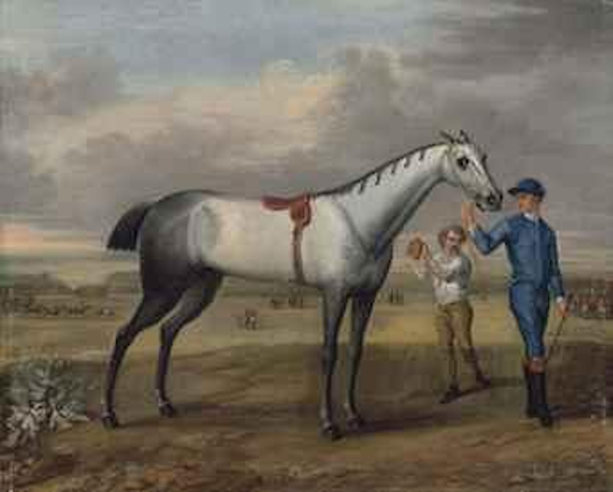 A grey racehorse held by a jockey, with a lad holding up a gold cup, at Newmarket by John Wootton