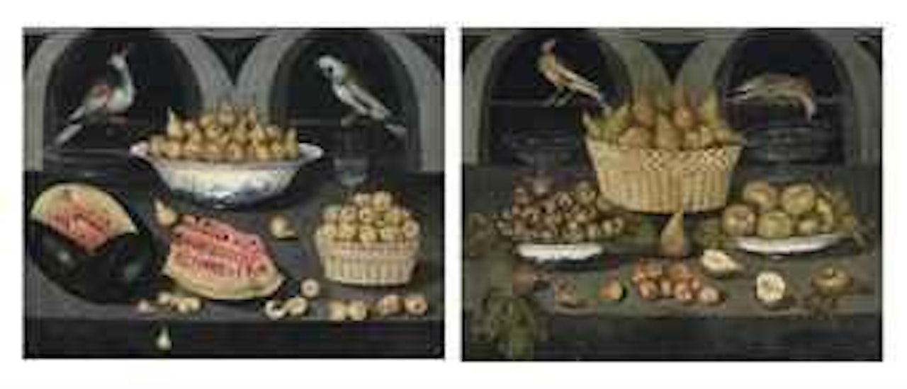 An open watermelon, pears in a Chinese porcelain bowl, apples in a wicker basket, apricots and glassware, on a stone ledge, arches beyond with two exotic birds.. by Blas de Ledesma