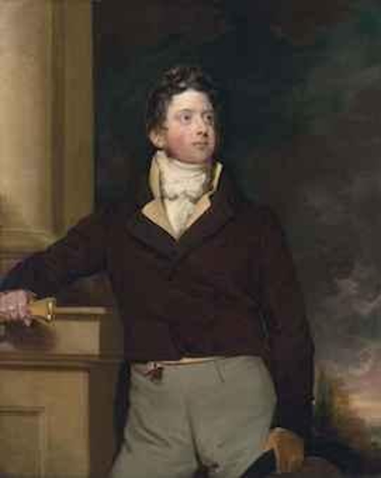 Portrait of a gentleman, three-quarter-length, in a brown double-brested frock coat and a neck-cloth, holding gloves and a top hat, leaning on the pedestal of a column, in a park landscape by Sir Thomas Lawrence