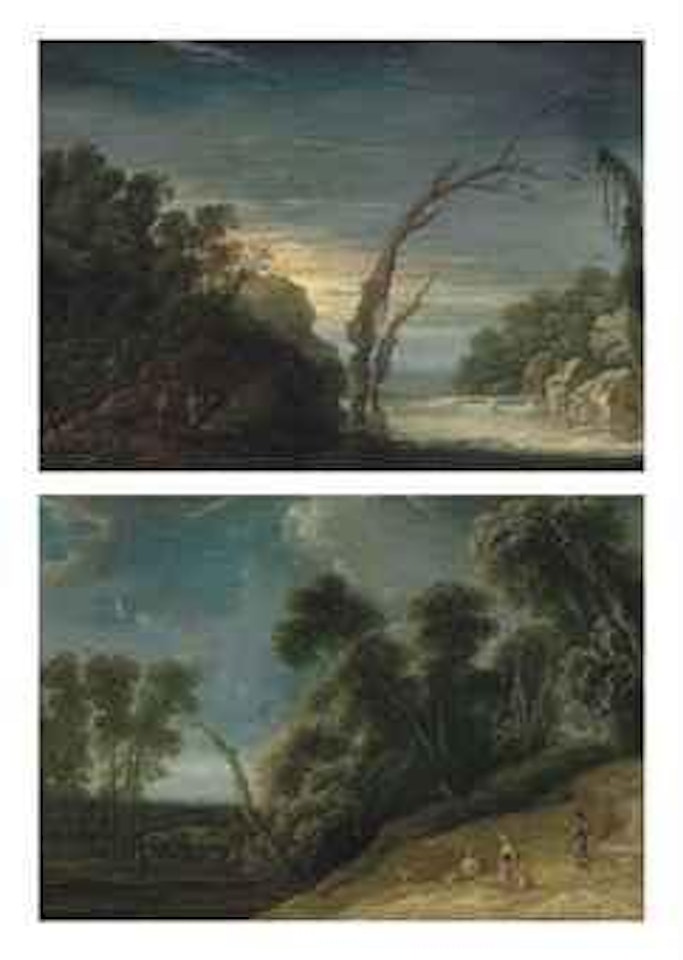 A wooded, river landscape with a watermill and a bridge; and A wooded landscape with a shepherd and other figures on a path in the foreground by Jacob Jacobsz van Geel