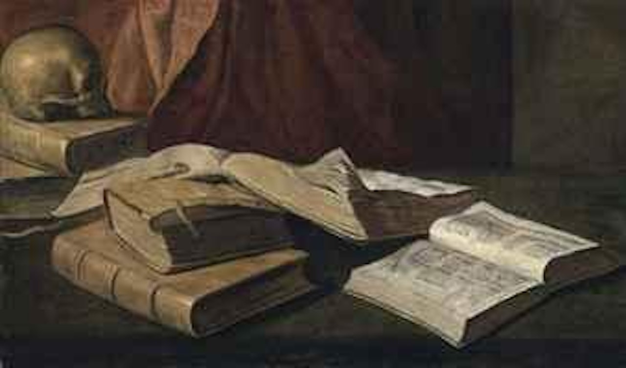 Books and a skull on a table by Spanish School
