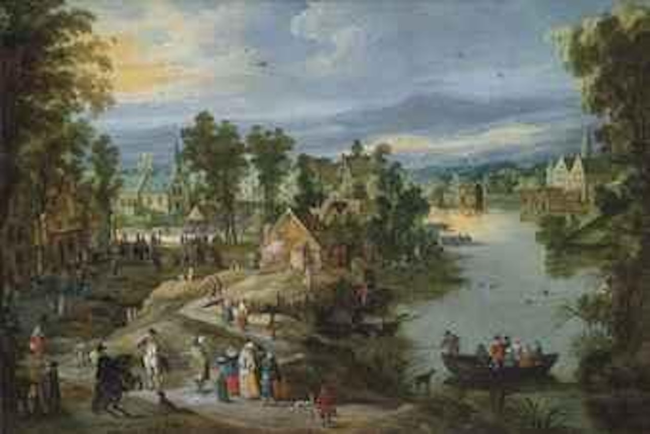 A village landscape with elegant figures conversing on a path, with a ferry crossing a river and peasants merrymaking beyond by Jan Brueghel the Younger