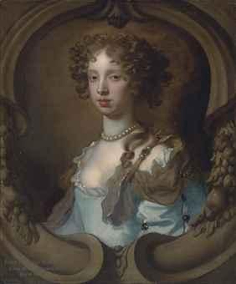 Portrait of Lady Frances Norcliffe (1654-1731), bust-length, in a pale blue dress with a pearl clasp, in a sculpted cartouche by Sir Peter Lely