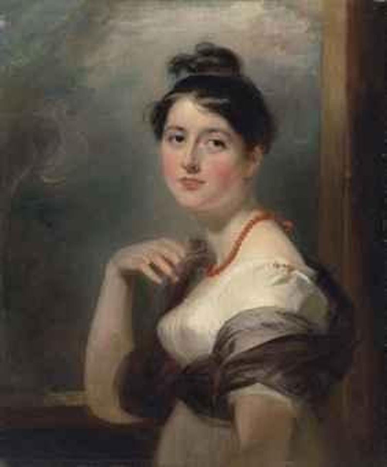 Portrait of Mrs. John Williams, of Gwersylt Park, Denbighshire, half-length, in a white dress with a shawl and a coral necklace, at an open window by Sir Thomas Lawrence