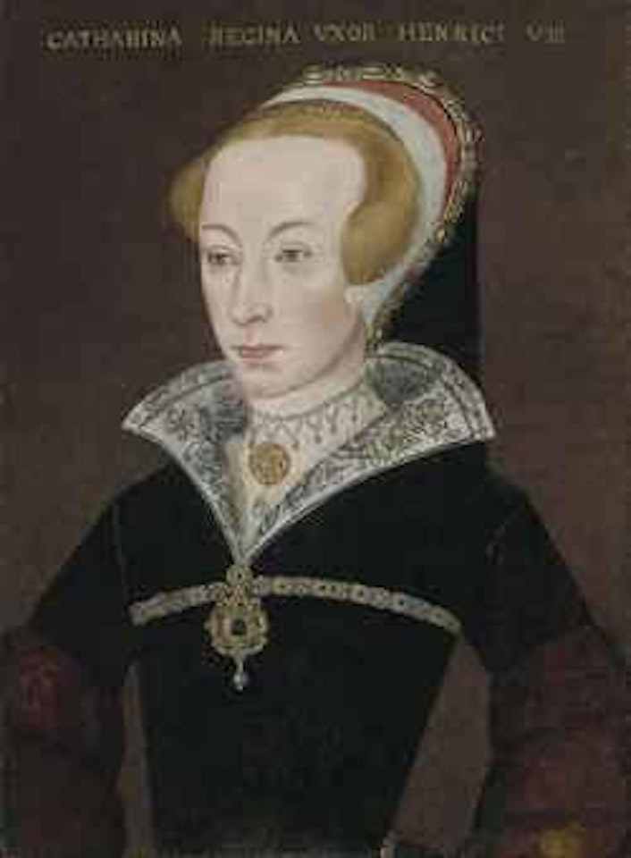 Portrait of Katherine Parr (1512-1548), Queen of England, half-length, in a black dress with black-and-white-embroidered collar and fur sleeves, and a bejewelled headdress by English School