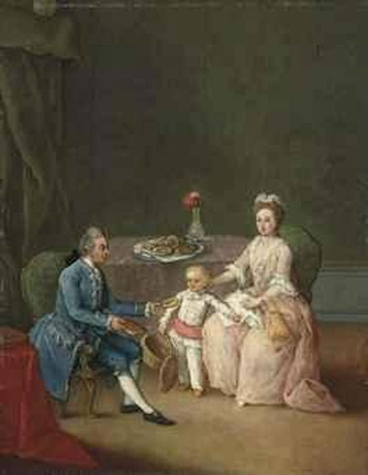 Group portrait of a family, seated at a table, in an interior by Pietro Longhi