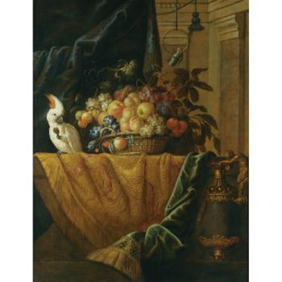 A Still Life With a Basket Of Fruit And a Parakeet Upon a Ledge Draped With a Damask Beside An Ormolu Mounted Porphyry Vase by Jan Pauwel Gillemans