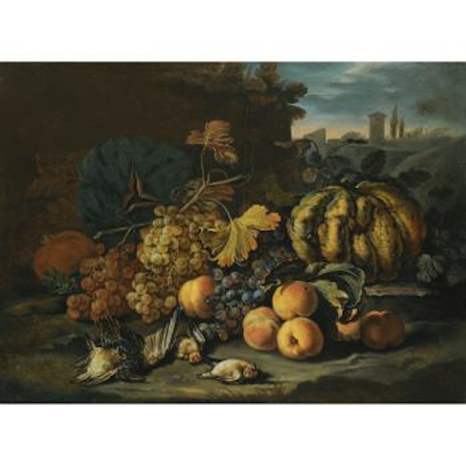 A Still Life With Melons, Apples, Black And Green Grapes, a Pomegranate And Birds On a Forest Floor, a Landscape Beyond With a Town On The Horizon by Roman School