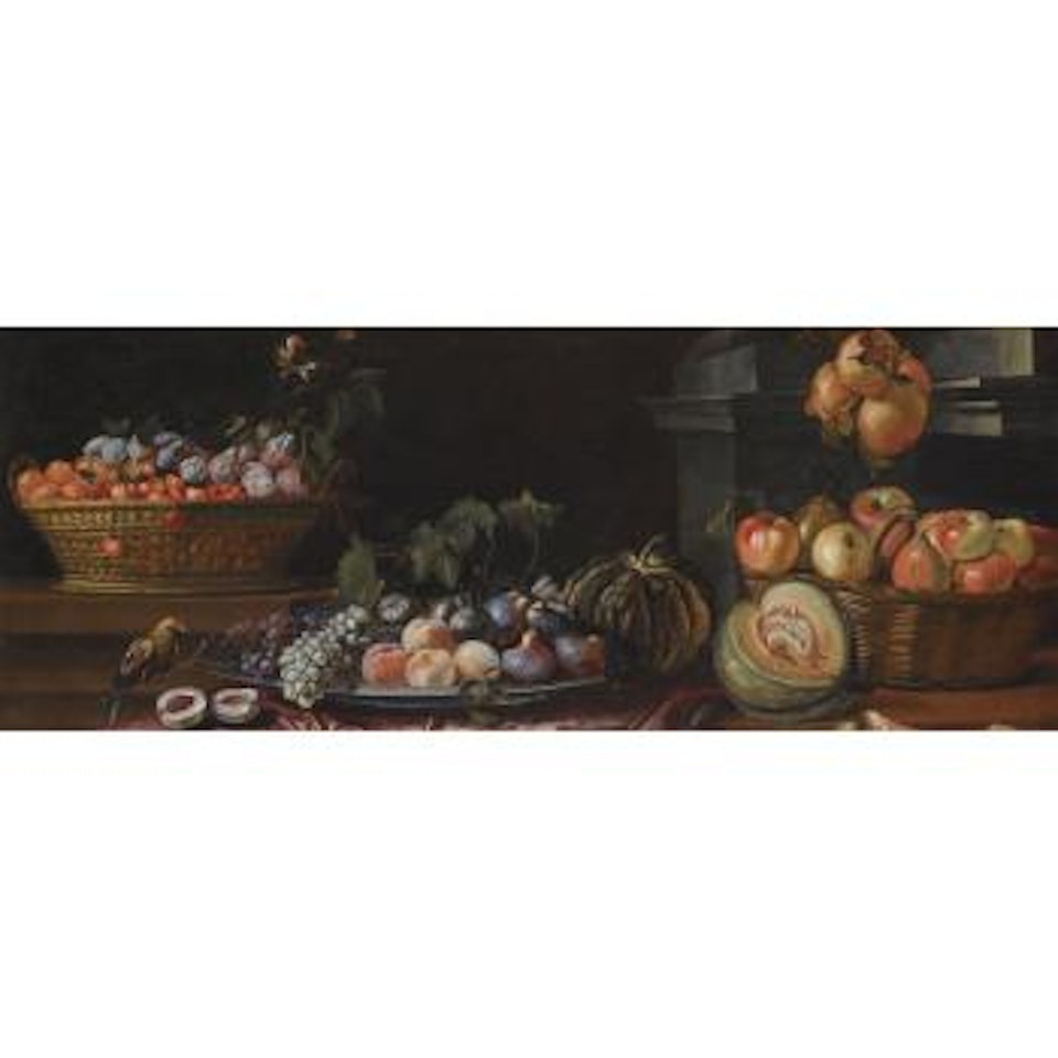 A Still Life With Plums, Apricots And Cherries In a Basket On a Ledge With Pomegranates Hanging Above Another Basket Laden With Apples, At Centre a Dish With Grapes, Figs And Peaches Beside Two Melons by Roman School