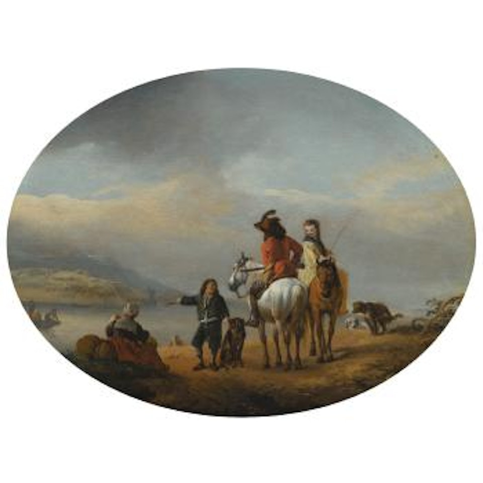 A Lady And a Gentleman On Horseback Being Shown To An Approaching Ferry By a Young Page by Philips Wouwerman