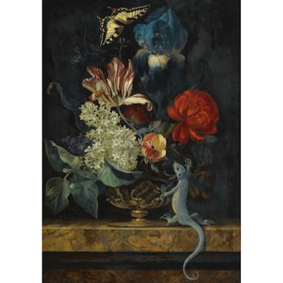 A Still Life With Tulips And Other Flowers In a Vase On a Marble Ledge, With a Lizard And a Butterfly by Willem van Aelst