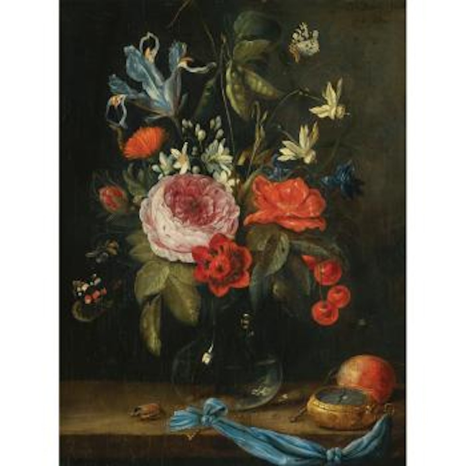 Still Life With Flowers In a Glass Vase, Together With a Red Admiral Butterfly, a Bee And Other Insects, And a Pocket Watch, a Peach And a Beetle On The Ledge Beneath by Jan Van Kessel The Elder