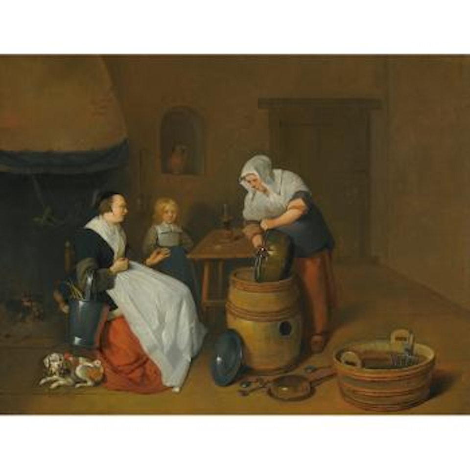 A Woman Talking With Her Maid In a Kitchen Interior With a Child, a Dog And a Fire by Quirijn Gerritsz van Brekelenkam