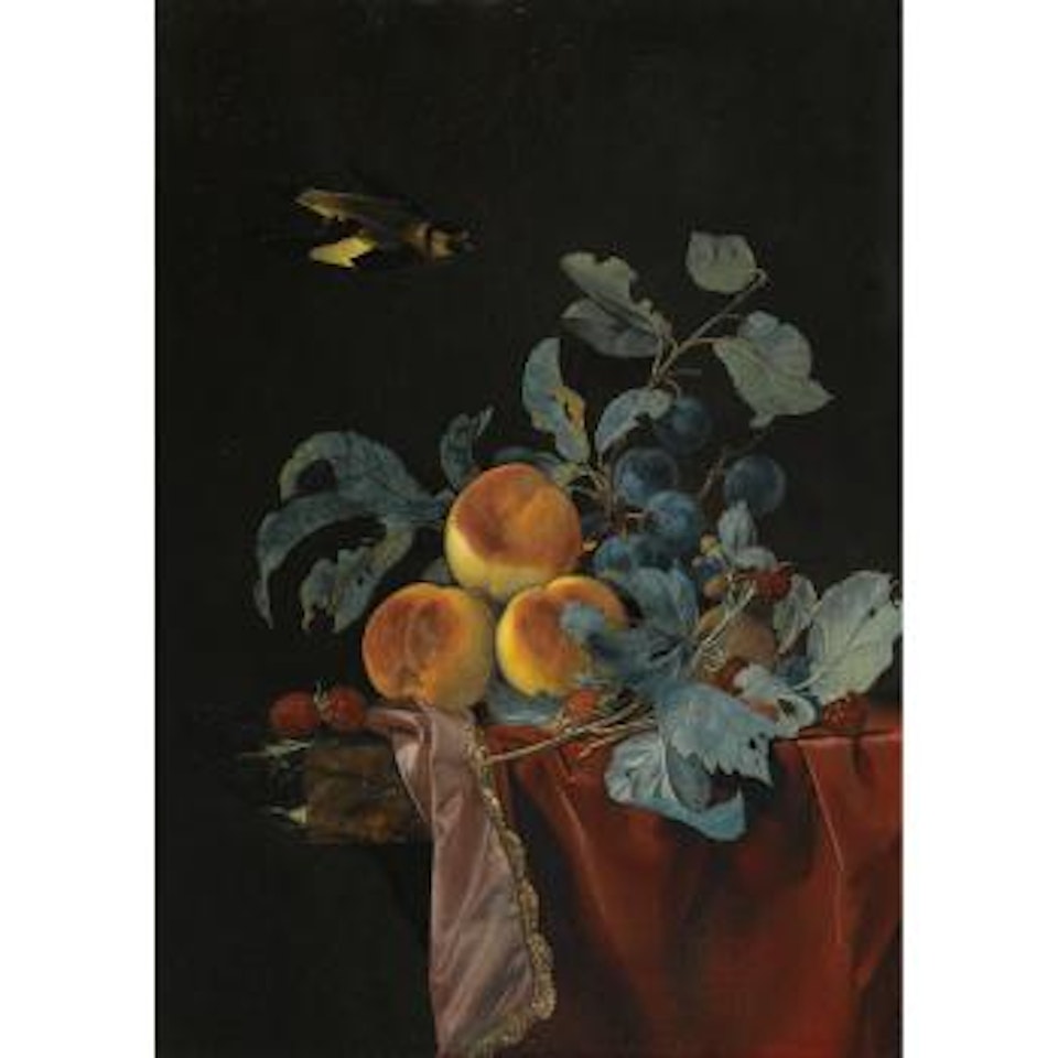 A Still Life With Peaches, Raspberries And Damsons On a Partially Covered Marble Ledge, a Bird Flying Above by Willem van Aelst
