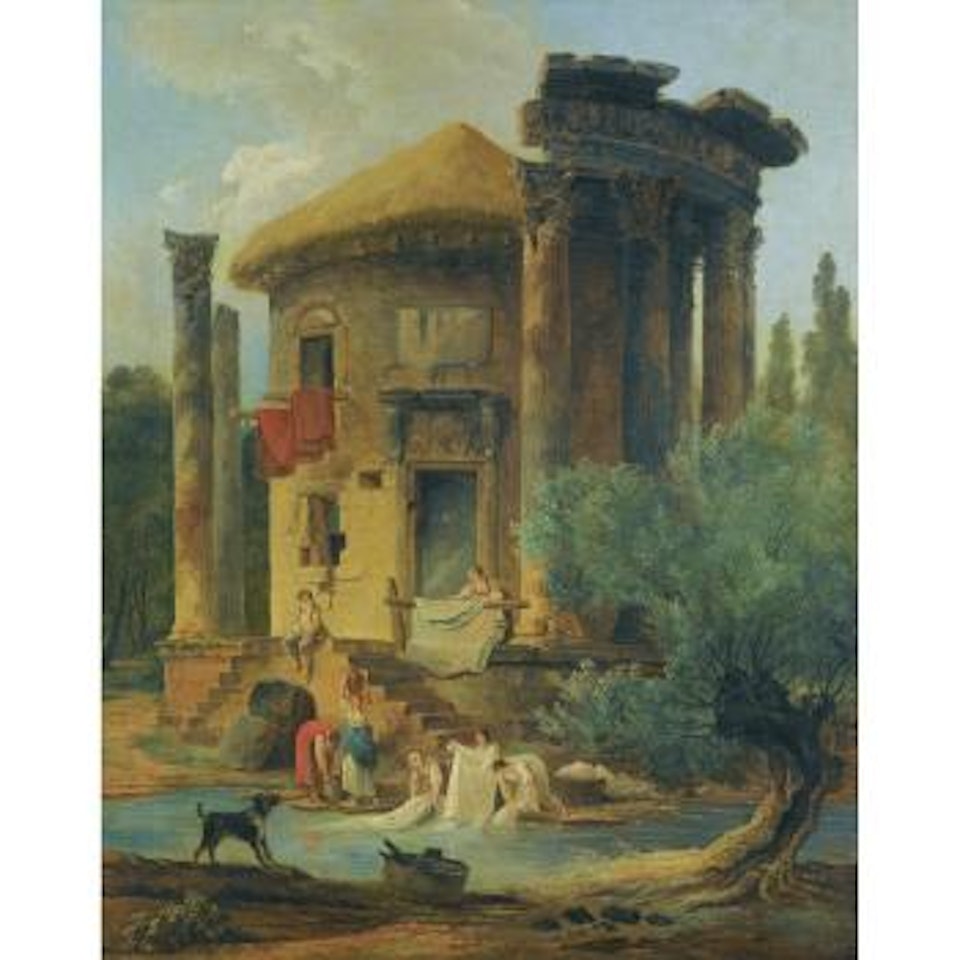 Washerwomen At The Edge Of a River, Beneath a Ruined Circular Temple by Hubert Robert