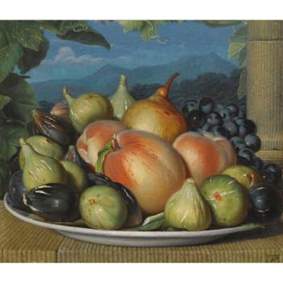A Still Life With Figs, Peaches, a Pear And Black Grapes On a White Dish, An Extensive Landscape Beyond; A Still Life With Figs, Plums, a Pear, White Grapes And a Flask by Spanish School