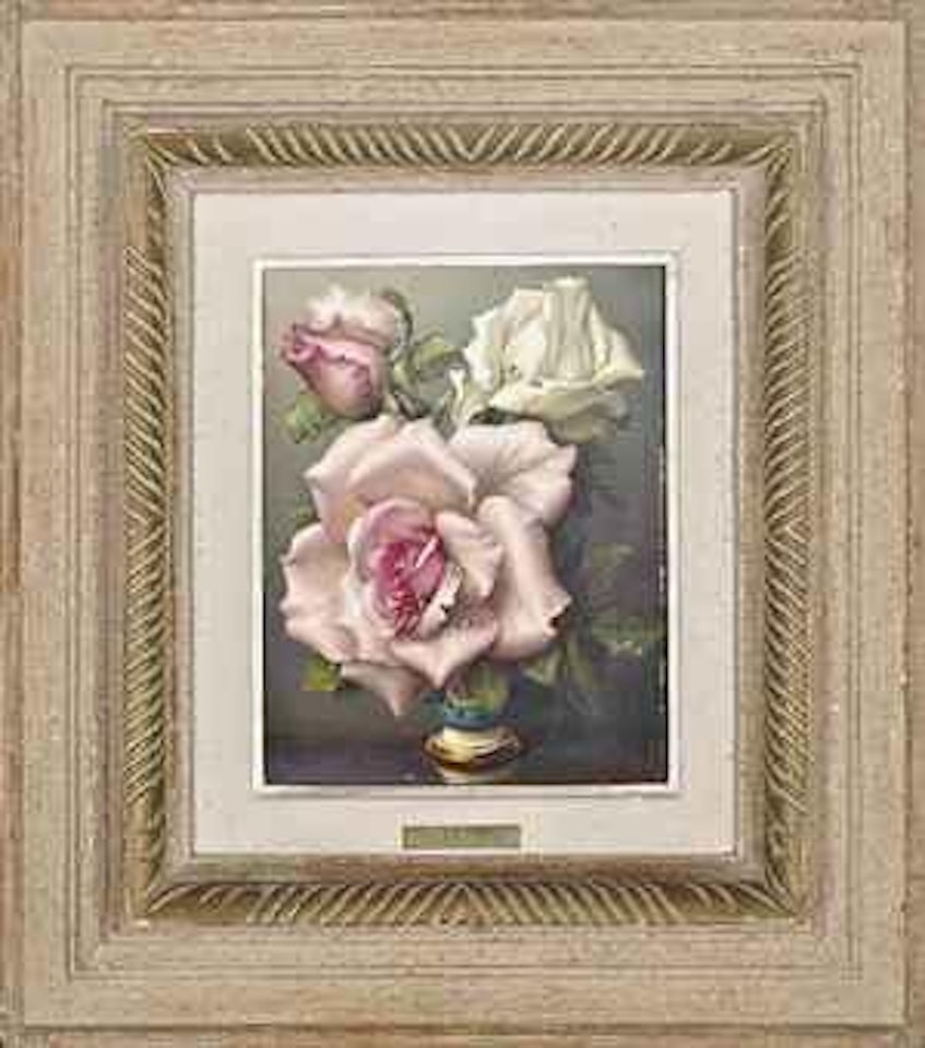 Pink and white roses in an ornamental vase by Irene Klestova