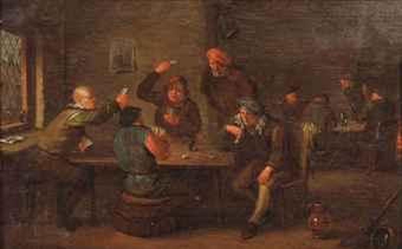 A tavern interior with peasants playing cards by Egbert van Heemskerk III