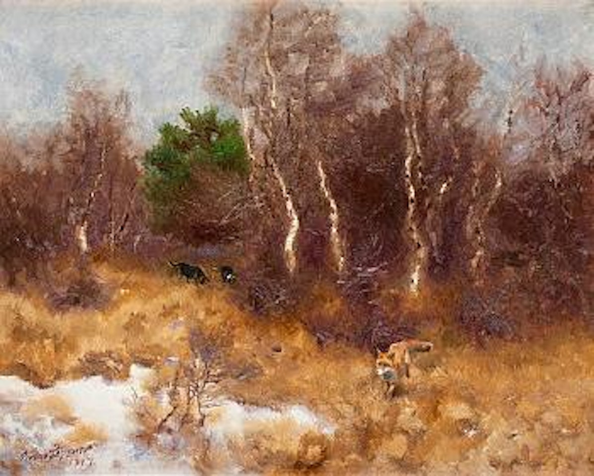 Forest landscape with fox and hounds by Bruno Liljefors