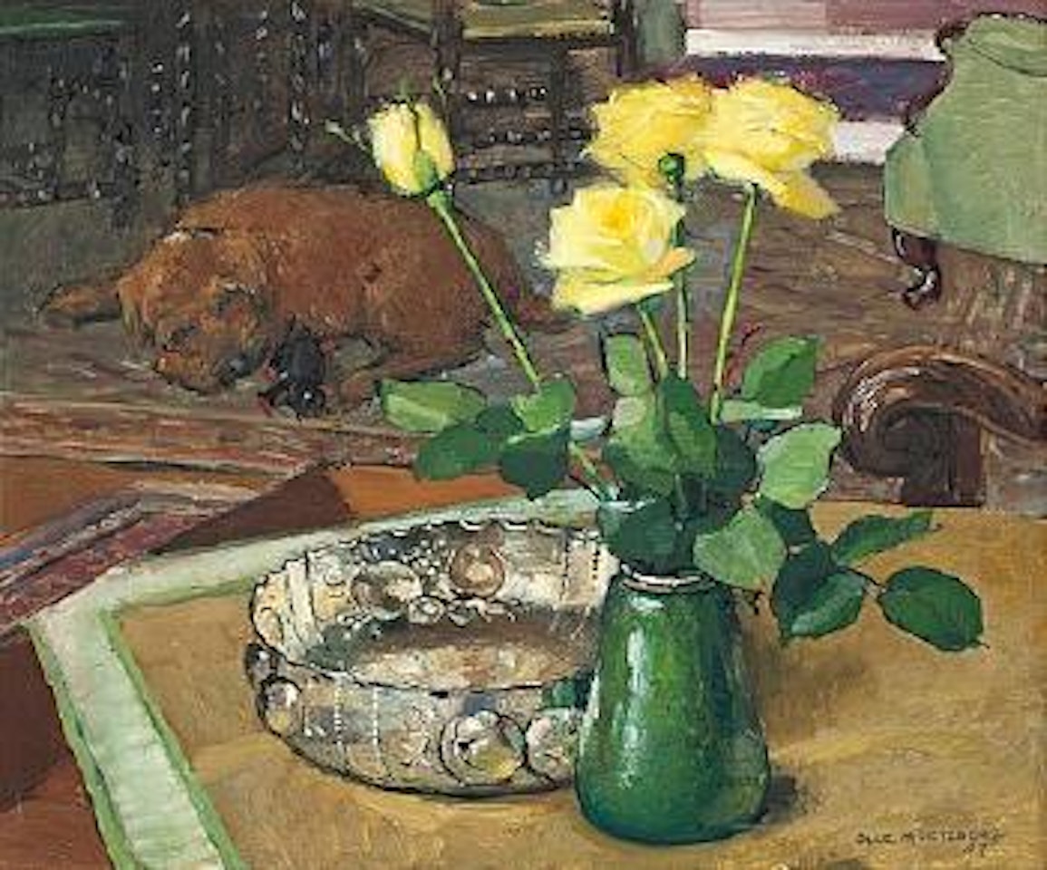 Interior with yellow roses and sleeping dog by Olle Hjortzberg