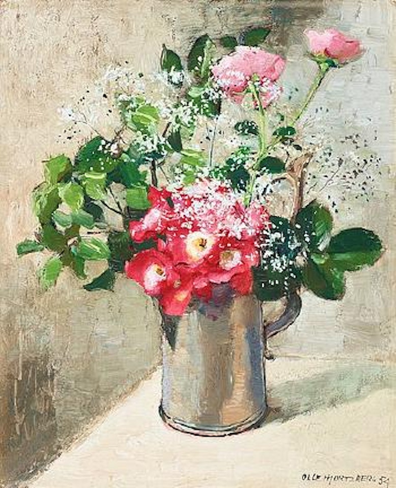 Still life with roses and gypsophila by Olle Hjortzberg