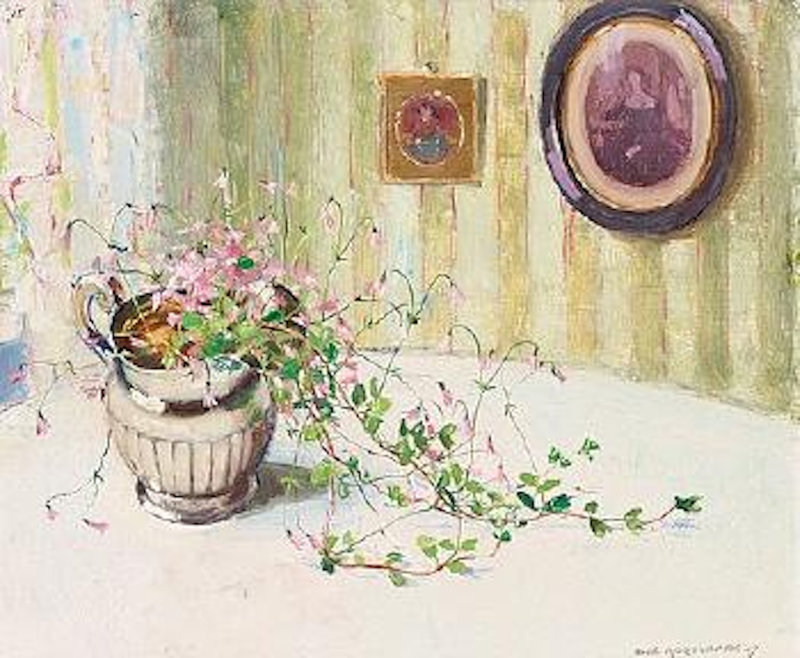 Still life with twinflowers in silver jug by Olle Hjortzberg