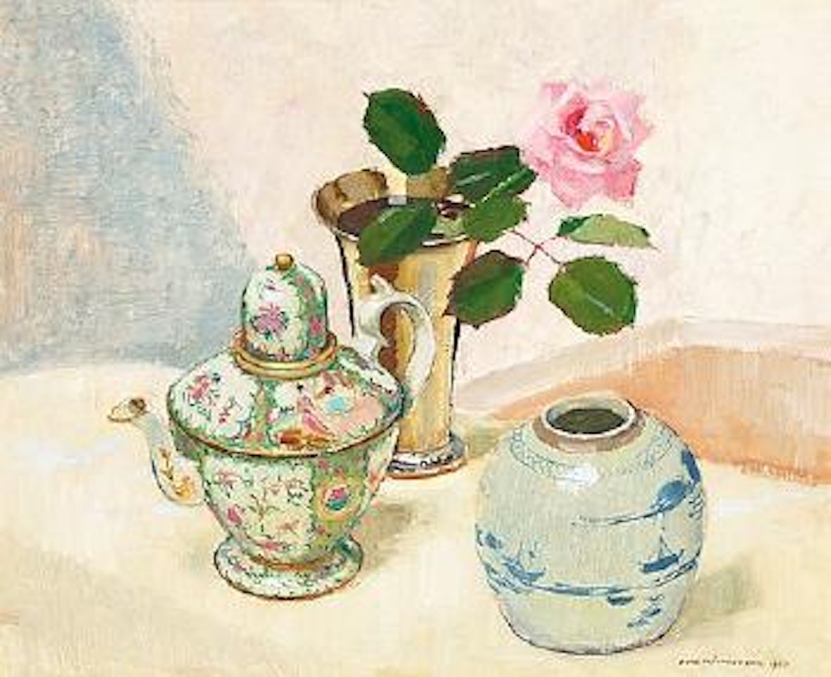 Still life with rose and Chinese porcelain by Olle Hjortzberg