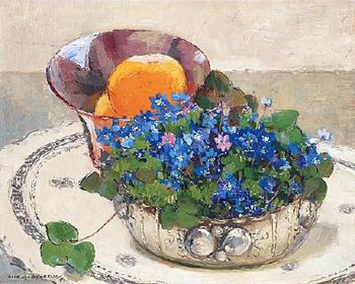 Still life with hepatica and oranges by Olle Hjortzberg