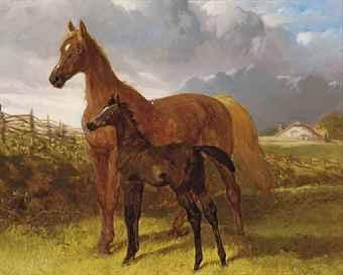 A chestnut mare and a foal in a field by John Frederick Herring